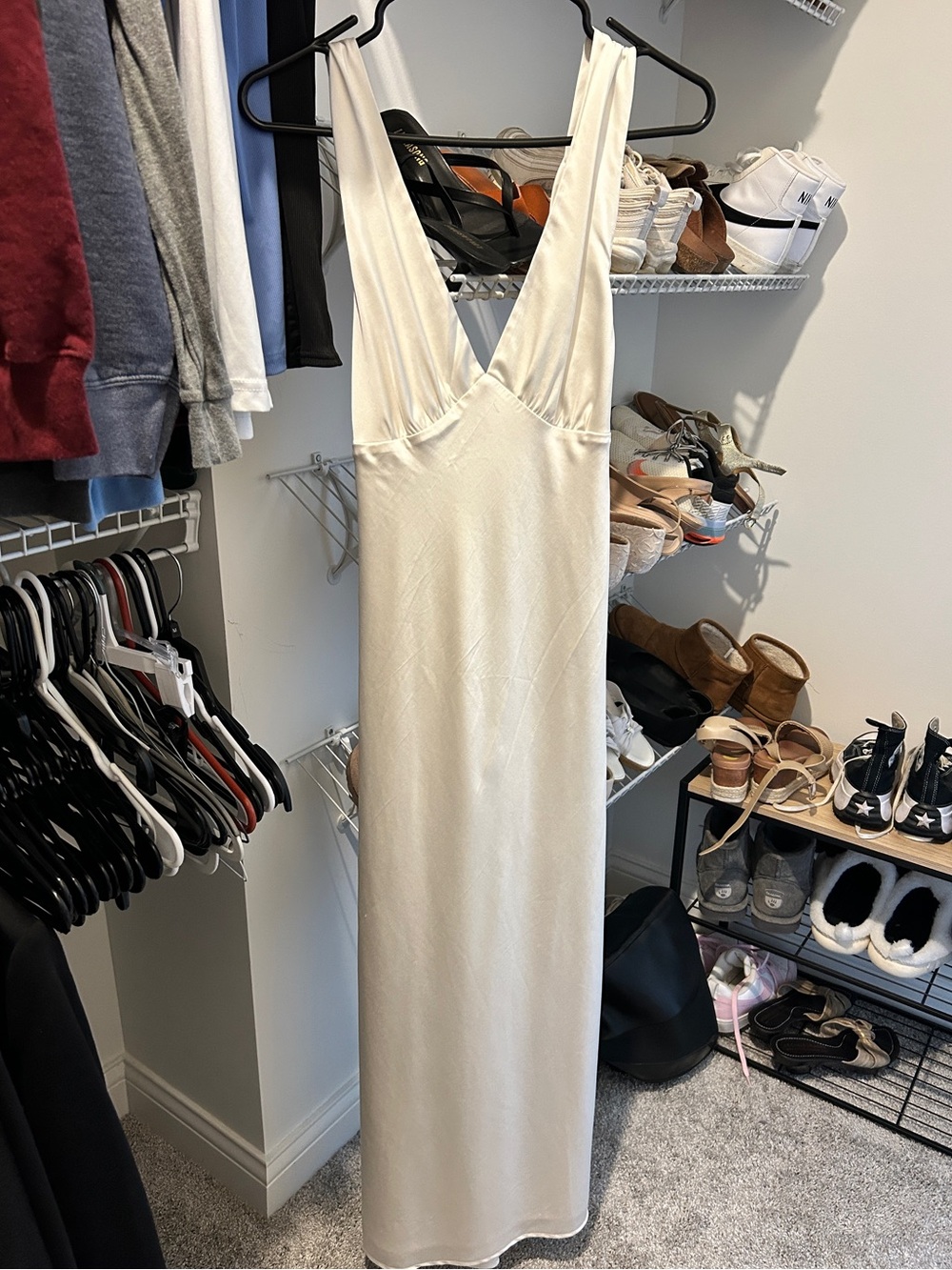 Abercrombie & Fitch Ivory Long Sleeveless Deep Neck, Plunge Back Dress